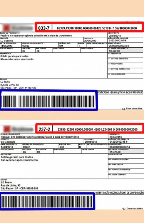Boleto alterado, com destaque para as diferenças na linha digitável e no código de barras (Foto: Reprodução)
