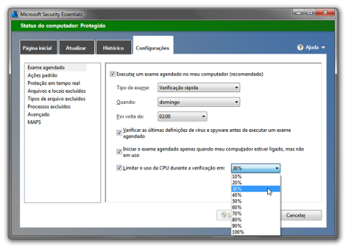 Configurações do Microsoft Security Essentials (Foto: Reprodução/Helito Bijora)