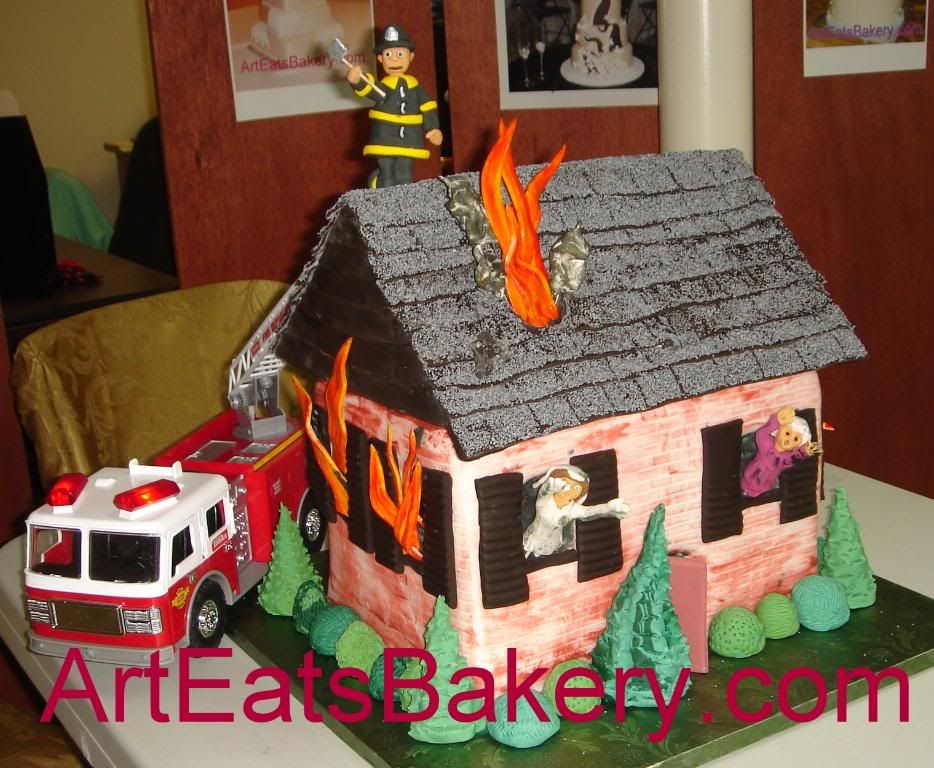 House on fire Groom's cake with sugar figure firefighter
