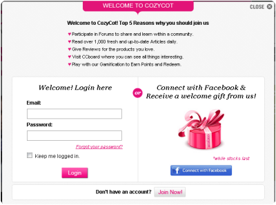 Log into CozyCot with your Facebook Account