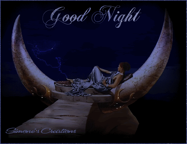 Immagine con la scritta Good Night", con una ragazza sopra una luna, sul mare