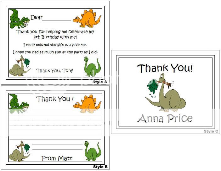 Dinosaur kids Birthday Party Personalized Thank You Note Cards  